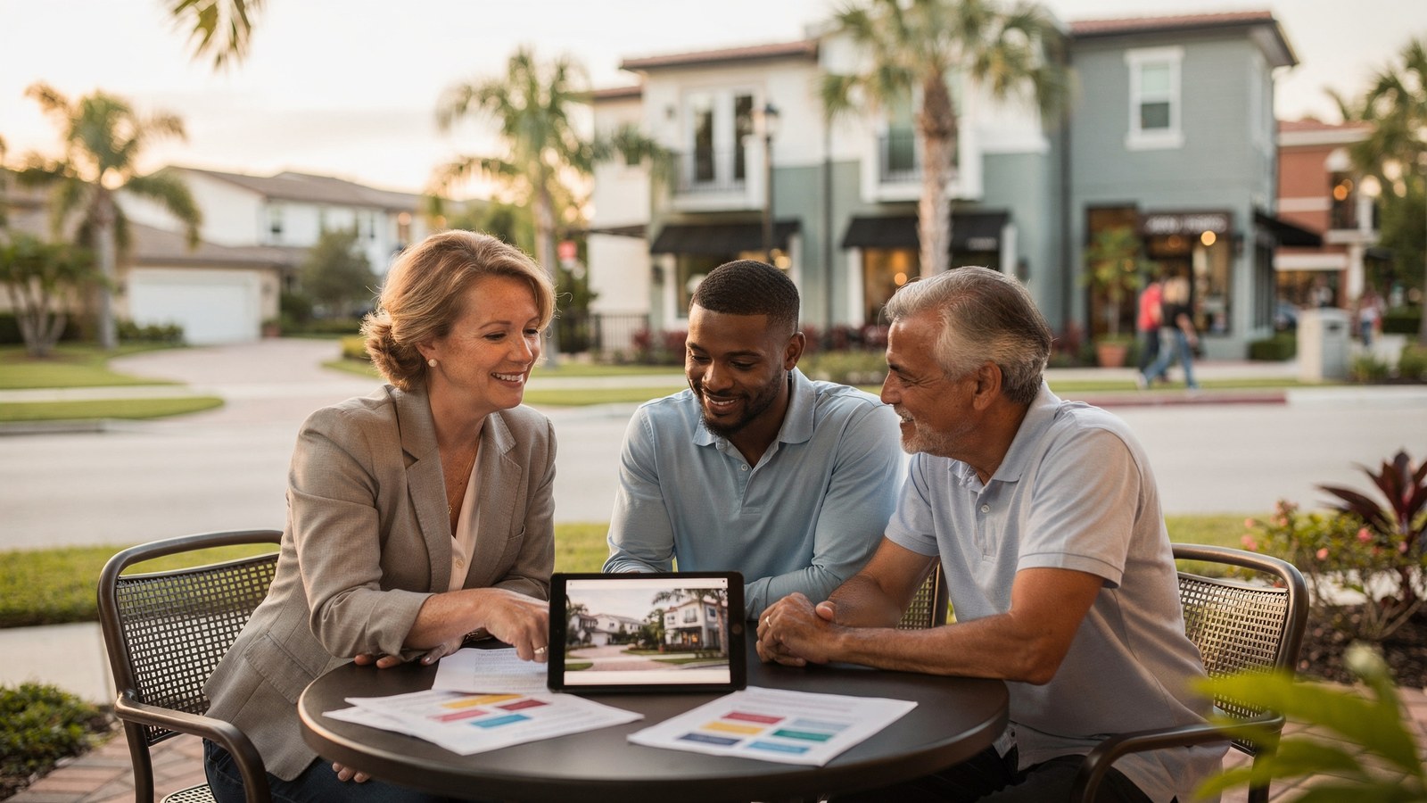 Una familia compradora en el Sur de la Florida revisando una lista clara de compra de vivienda con un asesor inmobiliario de confianza.