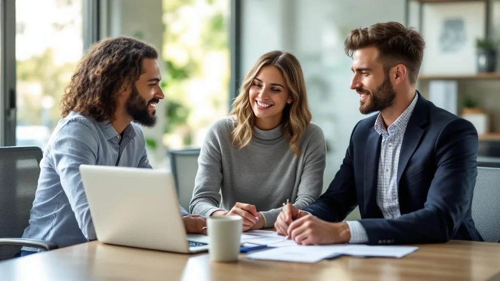 Mortgage lender meeting South Florida — couple reviewing preapproval terms with licensed mortgage advisor in Miami office