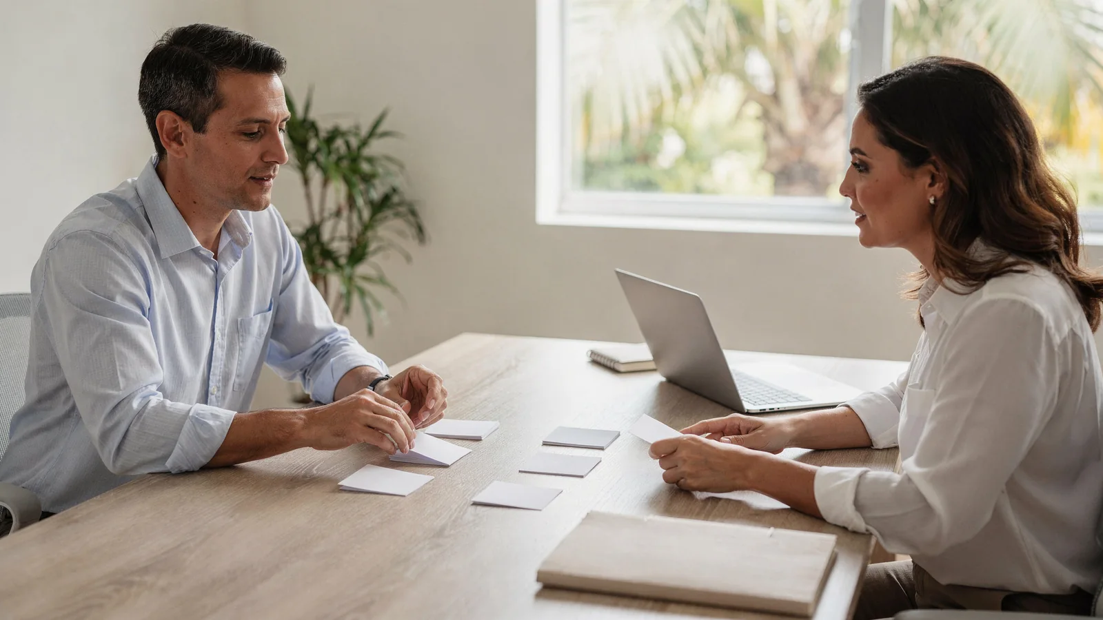 Homebuyer and advisor organizing needs, wants, and decision categories.