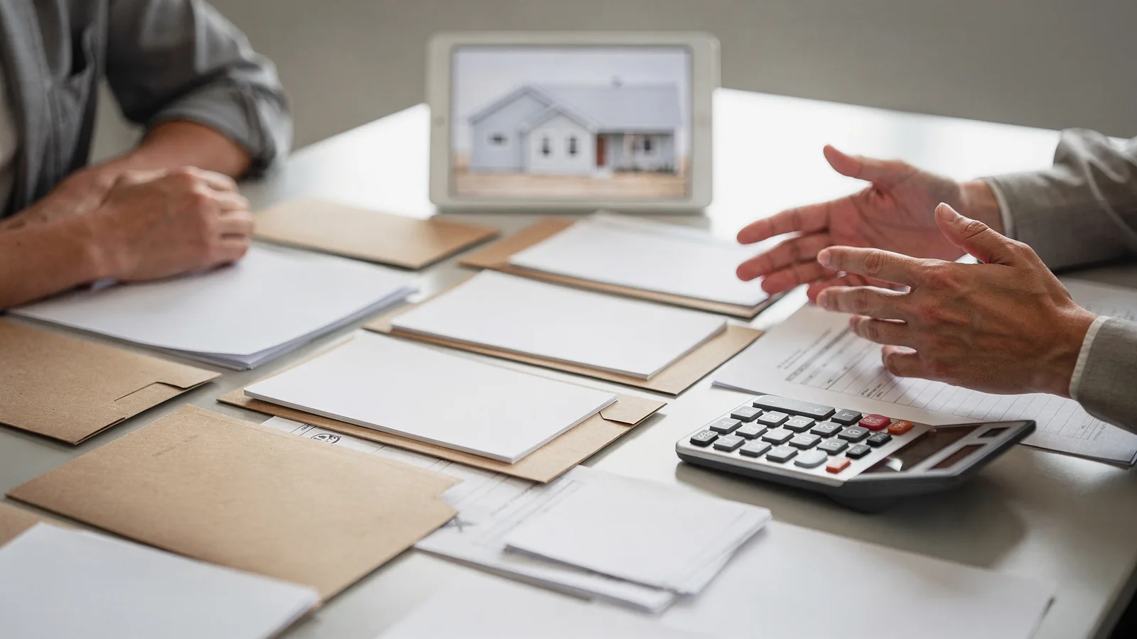 Homebuyer reviewing new construction questions with an advisor.