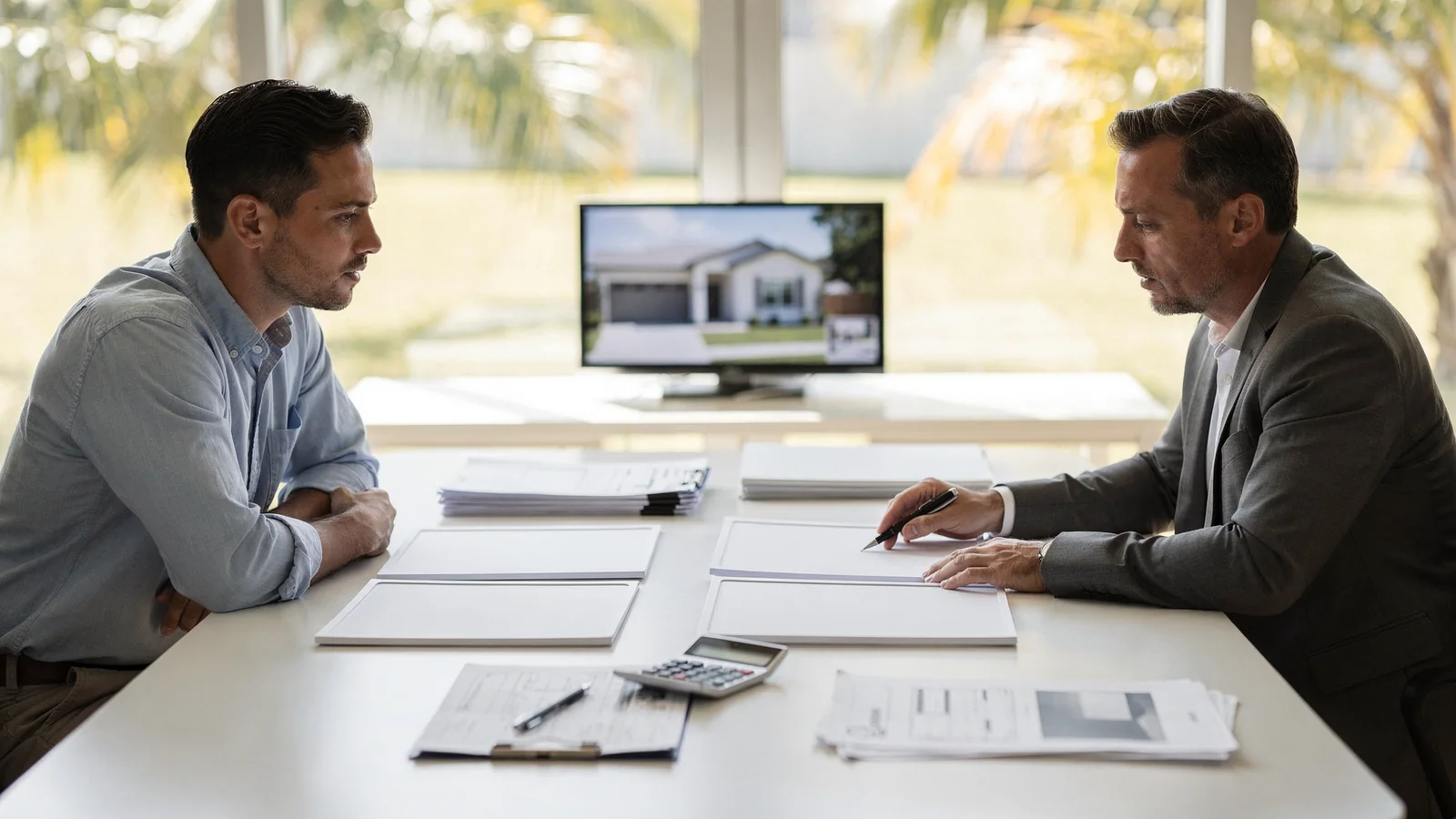 Homebuyer reviewing new construction variables before deciding.