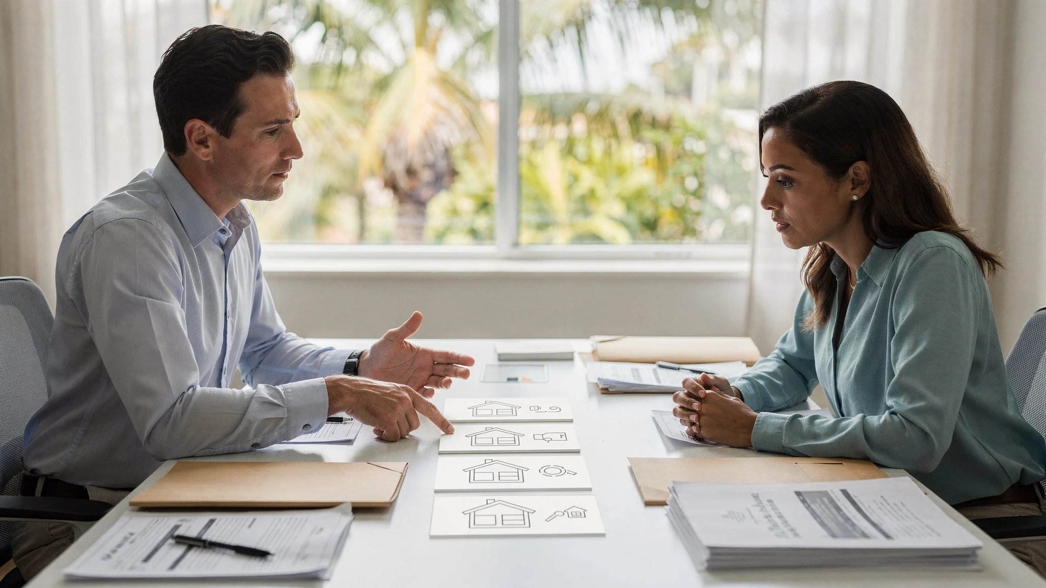 Homebuyer reviewing wind mitigation features with an advisor.