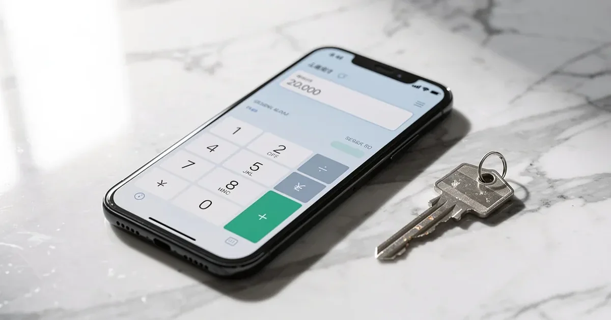 South Florida mortgage calculator — smartphone calculator with house key on marble surface